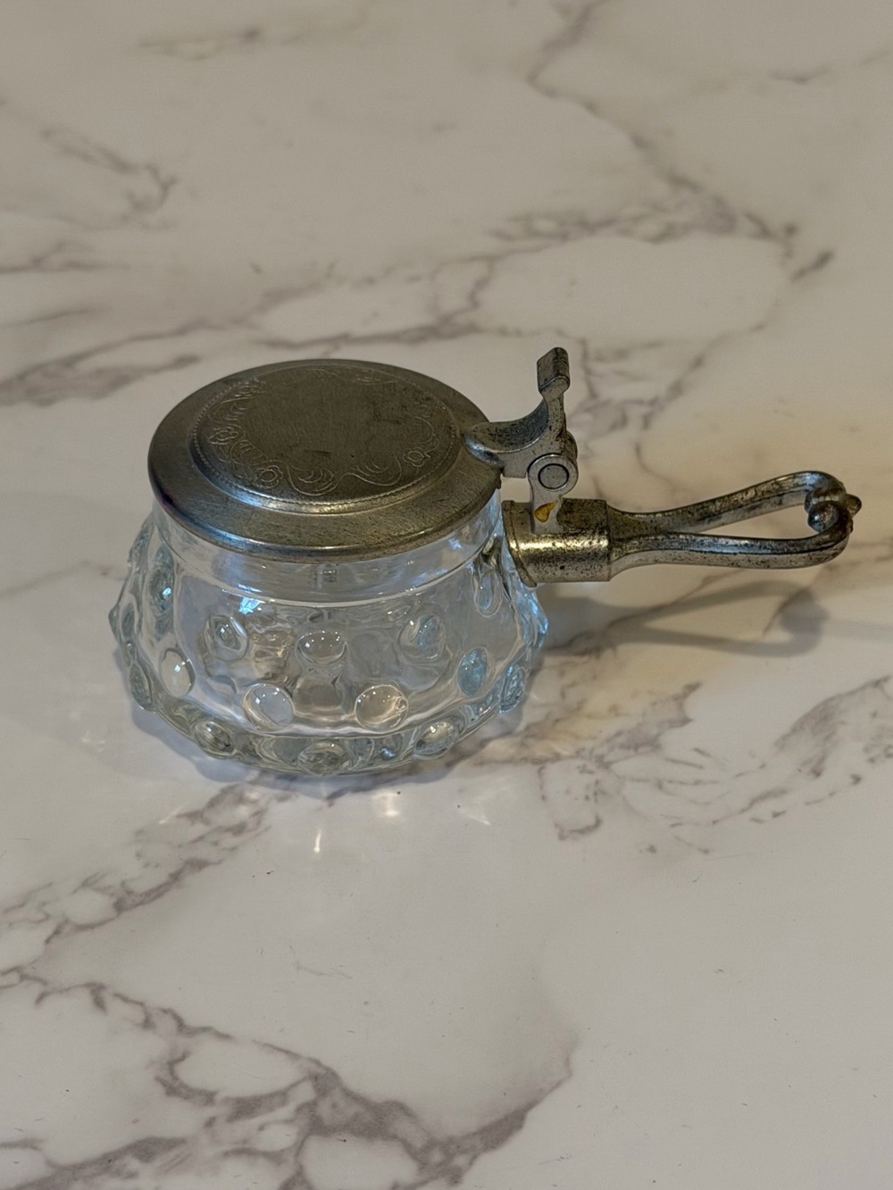 Vintage West Germany Rein Zinn Pewter & Hobnail Glass Mustard Pot